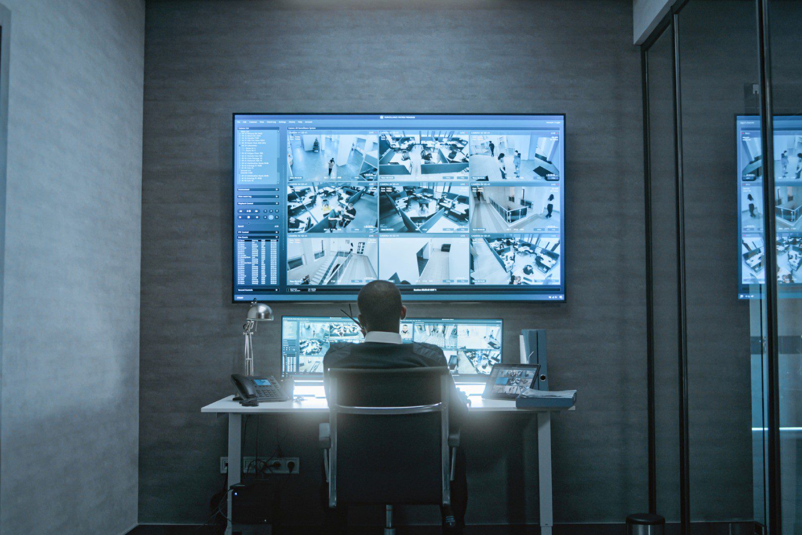 African American CCTV operator works with security cameras on computer and tablet in dim monitoring center, talks on walkie talkie. Surveillance footage on multiple monitors and big digital screen.